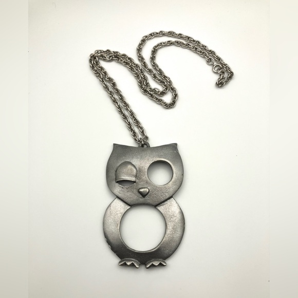 Vintage Pewter Winking Owl Pendant with Chain - Picture 1 of 3